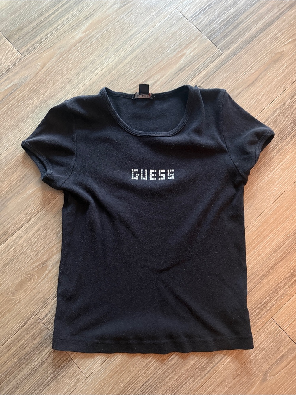 GUESS Black Short-Sleeve Scoop Tee with Rhinestone Logo